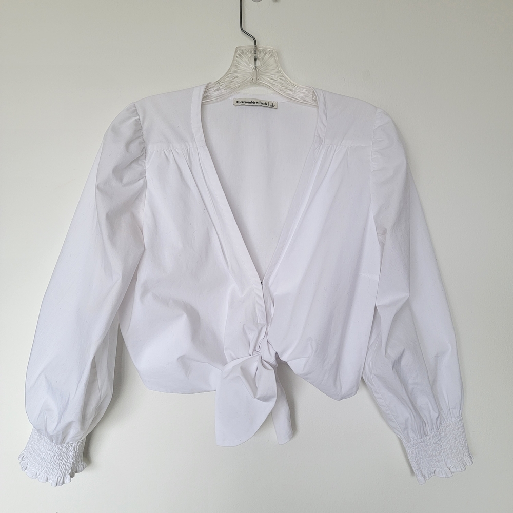 Abercrombie & Fitch White Tie-Front Puff Sleeve Blouse